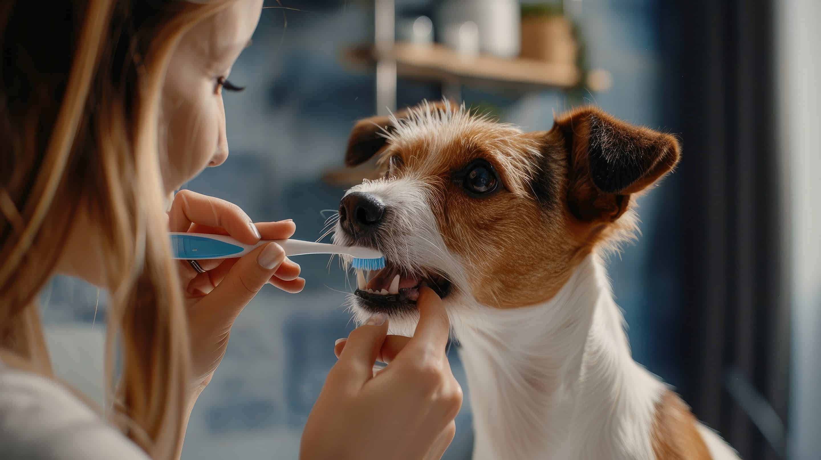 owner brushing her dog's teeth - Honnas Veterinary