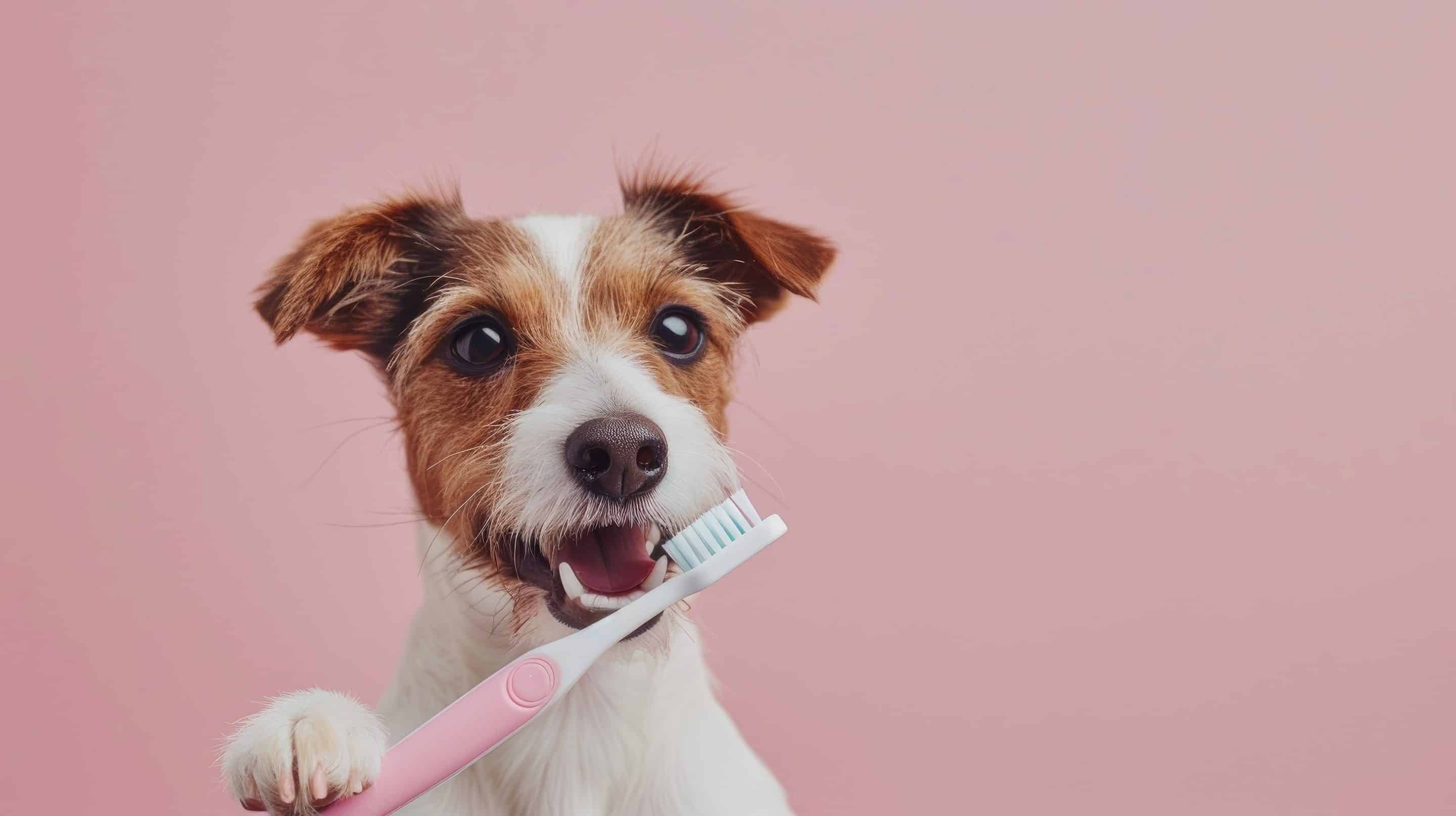 dog holding tooth brush - Honnas Vet