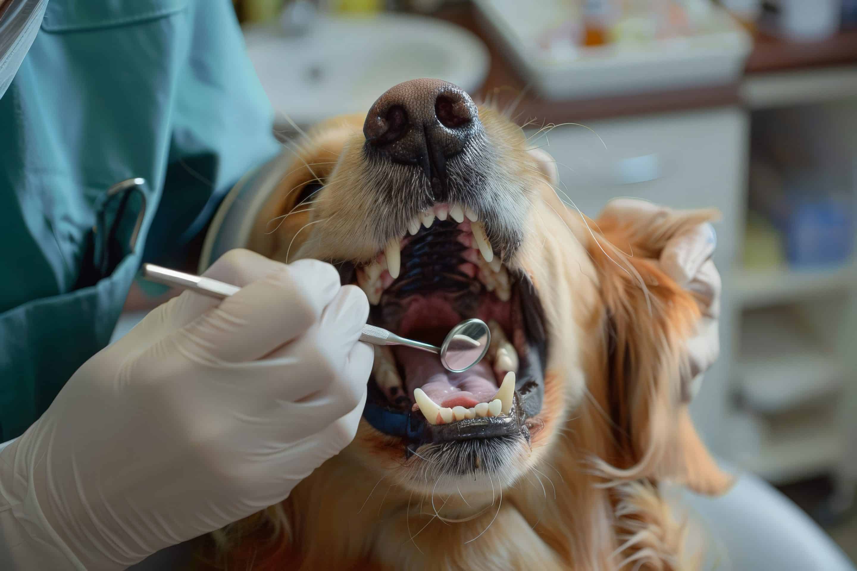 veterinarian examining dog's teeth at appointment - Honnas Vet