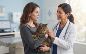 Photorealistic veterinary clinic scene showing a concerned cat owner gently carrying an adult cat while speaking with a compassionate veterinarian in a bright, modern animal hospital.