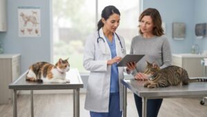 A female veterinarian in a white coat and stethoscope shows a digital tablet to a female pet owner. Two cats, one calico and one tabby, lie on separate stainless steel examination tables in a clean, modern clinic room. Both women are looking at the screen of the tablet. 