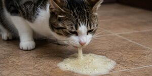 Tabby-and-white cat vomiting pale, foamy liquid onto a tiled floor.