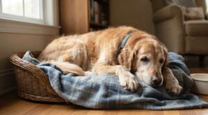 A senior Golden Retriever lying in a wicker bed on a plaid blanket, resting in a quiet, softly lit room while recovering from illness.