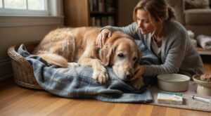 A woman gently petting her senior Golden Retriever as it rests in a dog bed, with bowls of water and food, and medication nearby, indicating care for a sick dog. 