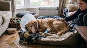 A worried woman comforts a sick Golden Retriever wearing a medical cone, which is lying in a messy bed surrounded by vomit and diarrhea stains on a wooden floor. 
