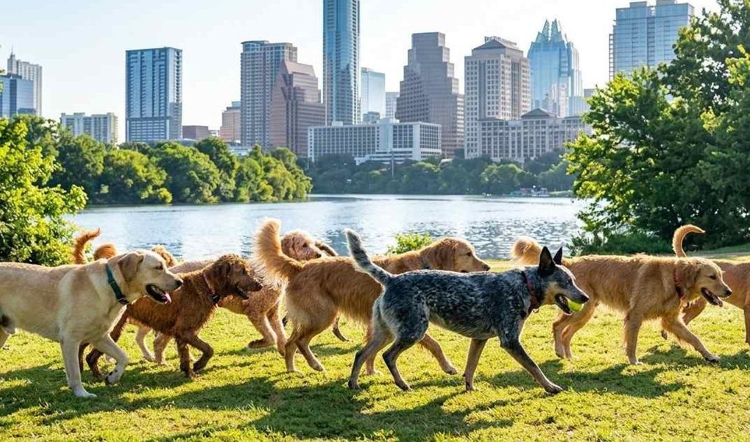 A lively group of diverse dog breeds running and playing off-leash on a green lawn at Auditorium Shores, with the modern downtown Austin skyline rising in the background.