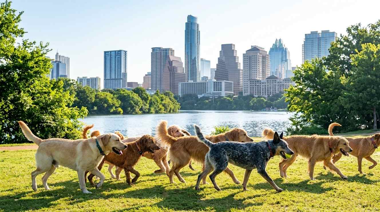 A lively group of diverse dog breeds running and playing off-leash on a green lawn at Auditorium Shores, with the modern downtown Austin skyline rising in the background.