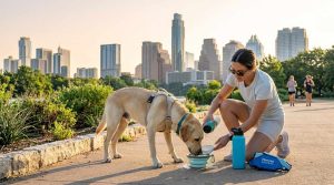 A dog owner pouring fresh water from a bottle into a portable bowl for their dog during a golden sunrise at Auditorium Shores to beat the Austin heat.