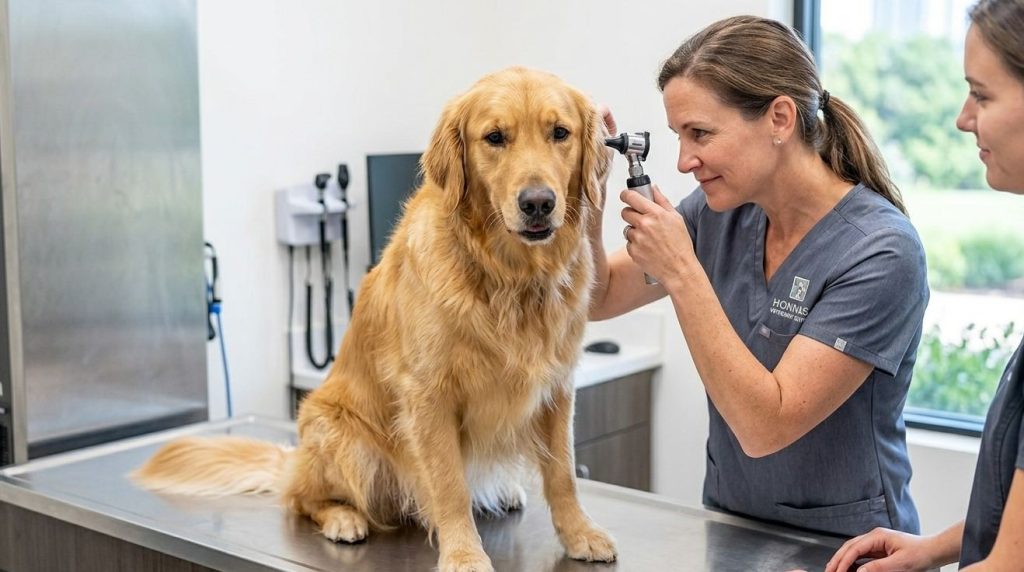 A gentle veterinarian conducting a wellness exam and checking a healthy dog on a clinic table, emphasizing pre-park safety and vaccinations.