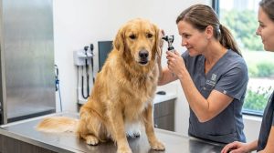 A gentle veterinarian conducting a wellness exam and checking a healthy dog on a clinic table, emphasizing pre-park safety and vaccinations.