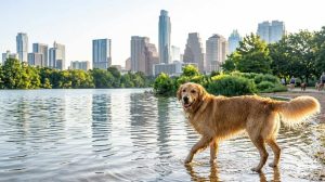 A happy golden retriever swimming in Lady Bird Lake at the Auditorium Shores off-leash area, with the Austin city buildings visible across the water.