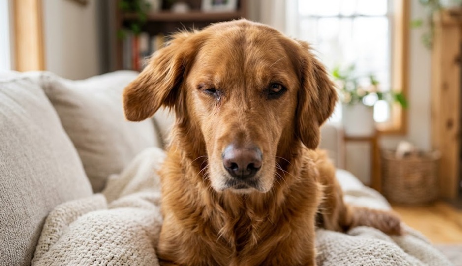 A close-up portrait of a golden retriever sitting on a cream-colored sofa indoors. The dog looks directly at the camera with a sad expression, squinting its right eye heavily due to swelling and irritation, while its left eye remains open normally. The background shows a softly blurred living room with a fireplace and indoor plants.